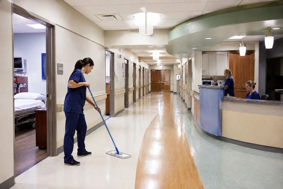 Cleaning personnel maintaining a healthcare facility during operations