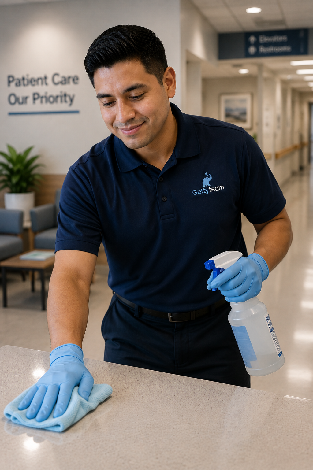Day porter providing daytime cleaning support in a healthcare facility