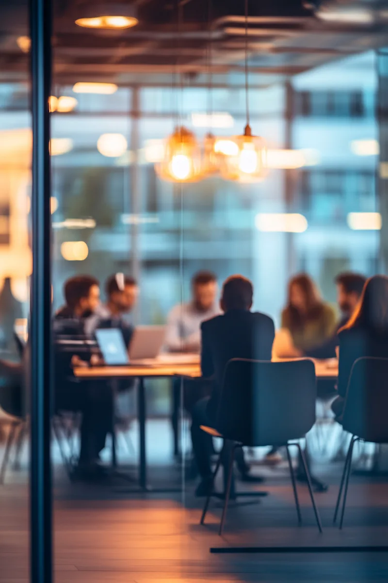 Modern commercial workplace with employees collaborating